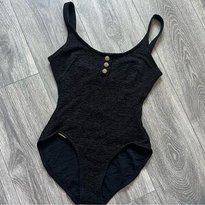 Vintage beach cabana black textured one piece swimsuit in size small